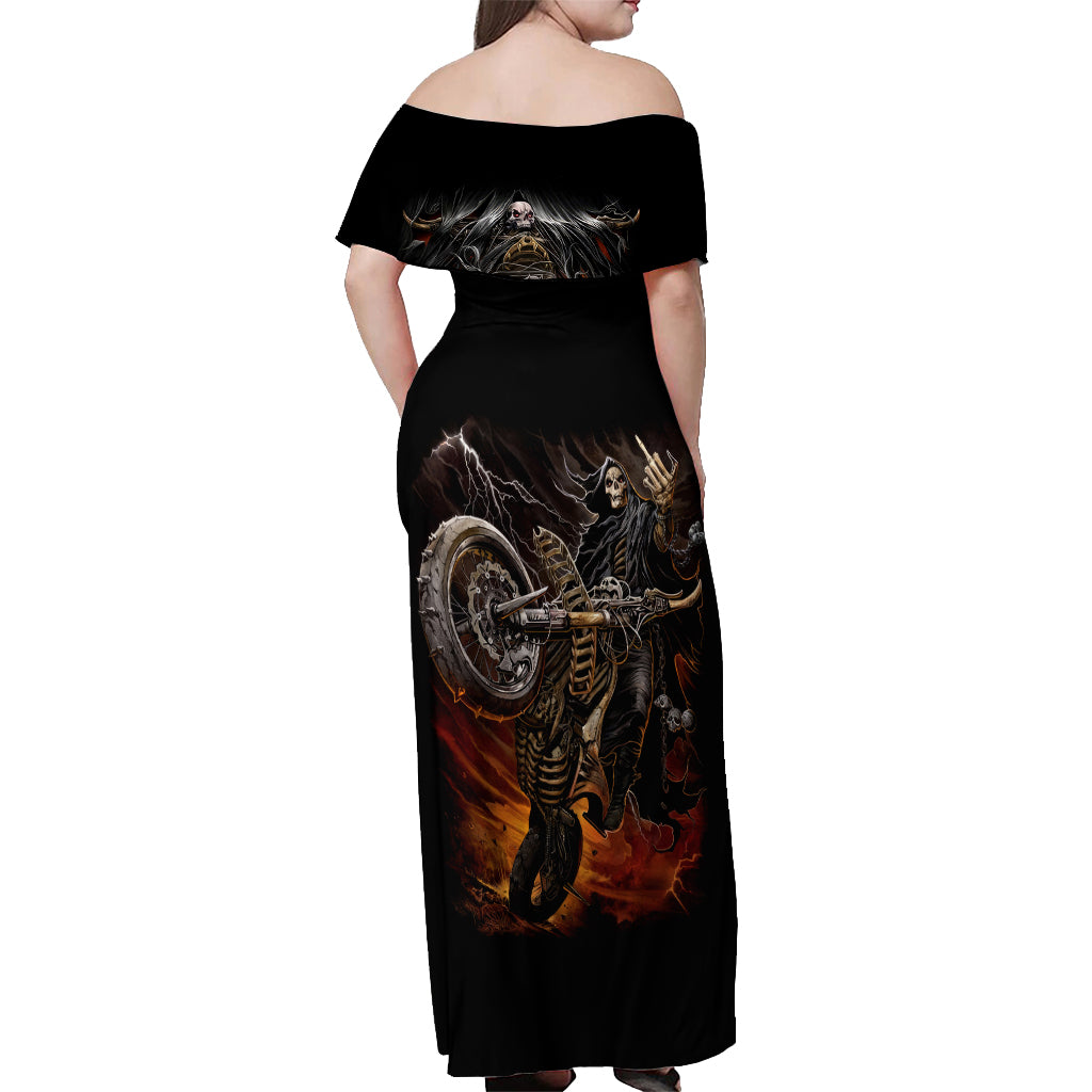 Flaming Skull Off Shoulder Maxi Dress Death Angel Riding Motocycle - Wonder Print Shop