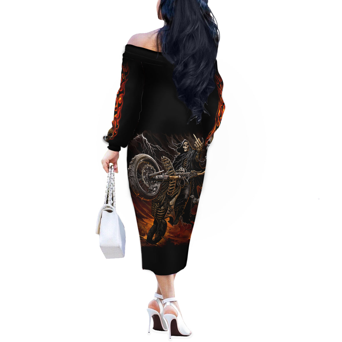 Flaming Skull Off The Shoulder Long Sleeve Dress Death Angel Riding Motocycle - Wonder Print Shop