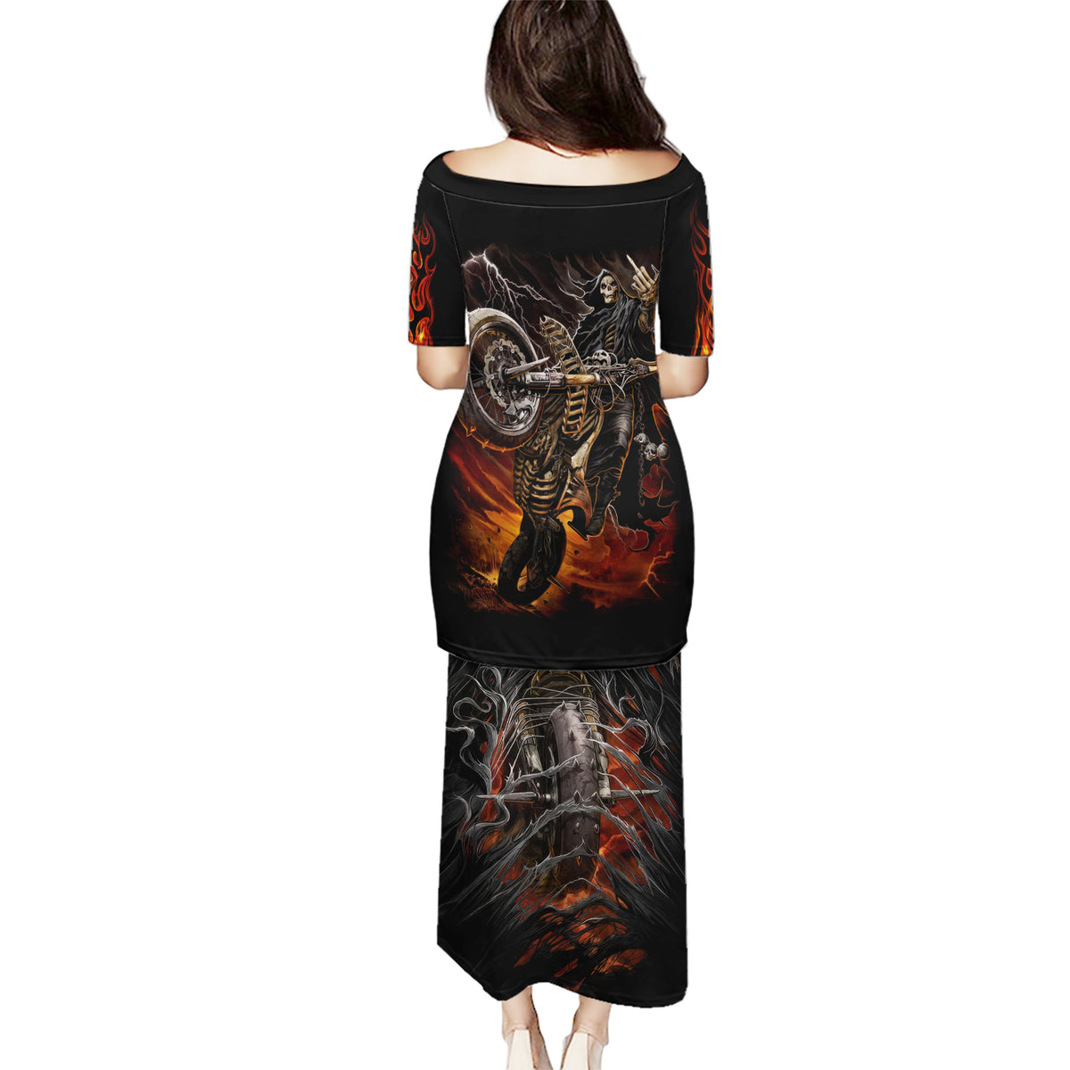 Flaming Skull Puletasi Death Angel Riding Motocycle - Wonder Print Shop