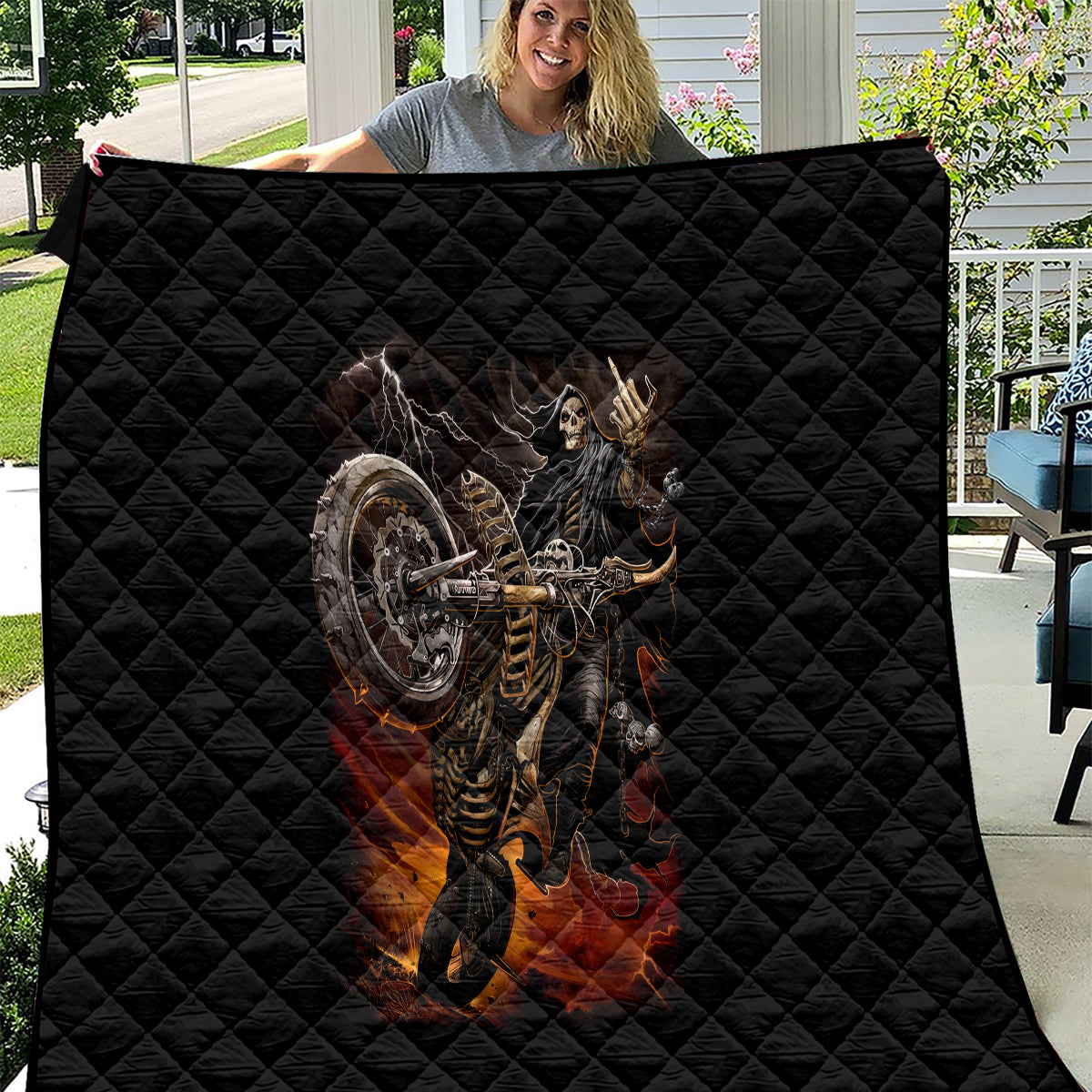 Flaming Skull Quilt Death Angel Riding Motocycle - Wonder Print Shop