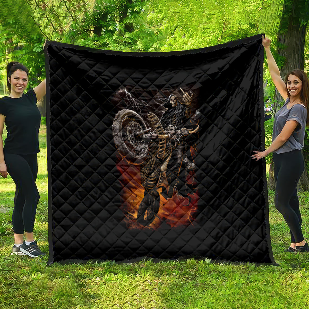 Flaming Skull Quilt Death Angel Riding Motocycle - Wonder Print Shop