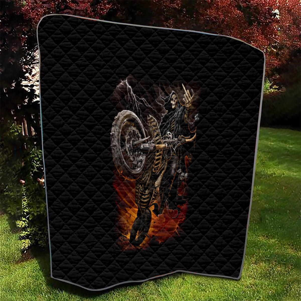 Flaming Skull Quilt Death Angel Riding Motocycle - Wonder Print Shop