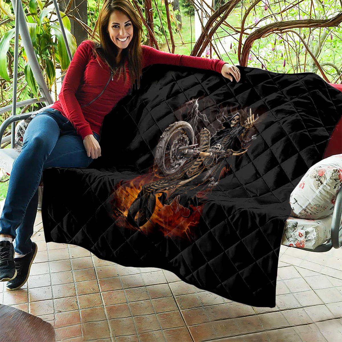 Flaming Skull Quilt Death Angel Riding Motocycle - Wonder Print Shop