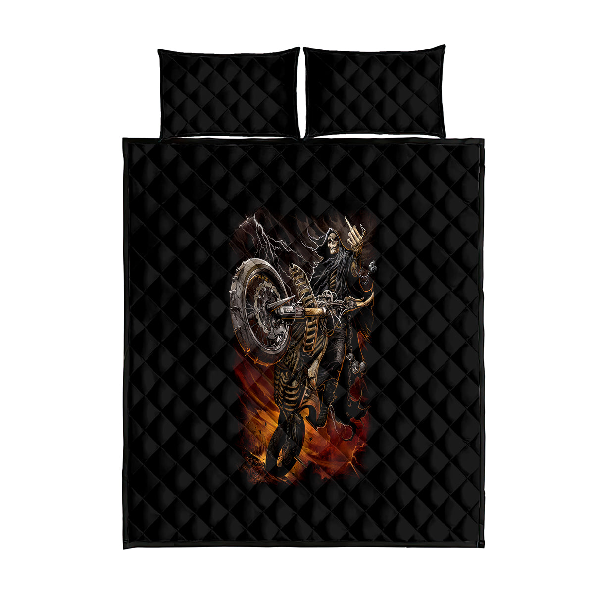 Flaming Skull Quilt Bed Set Death Angel Riding Motocycle - Wonder Print Shop