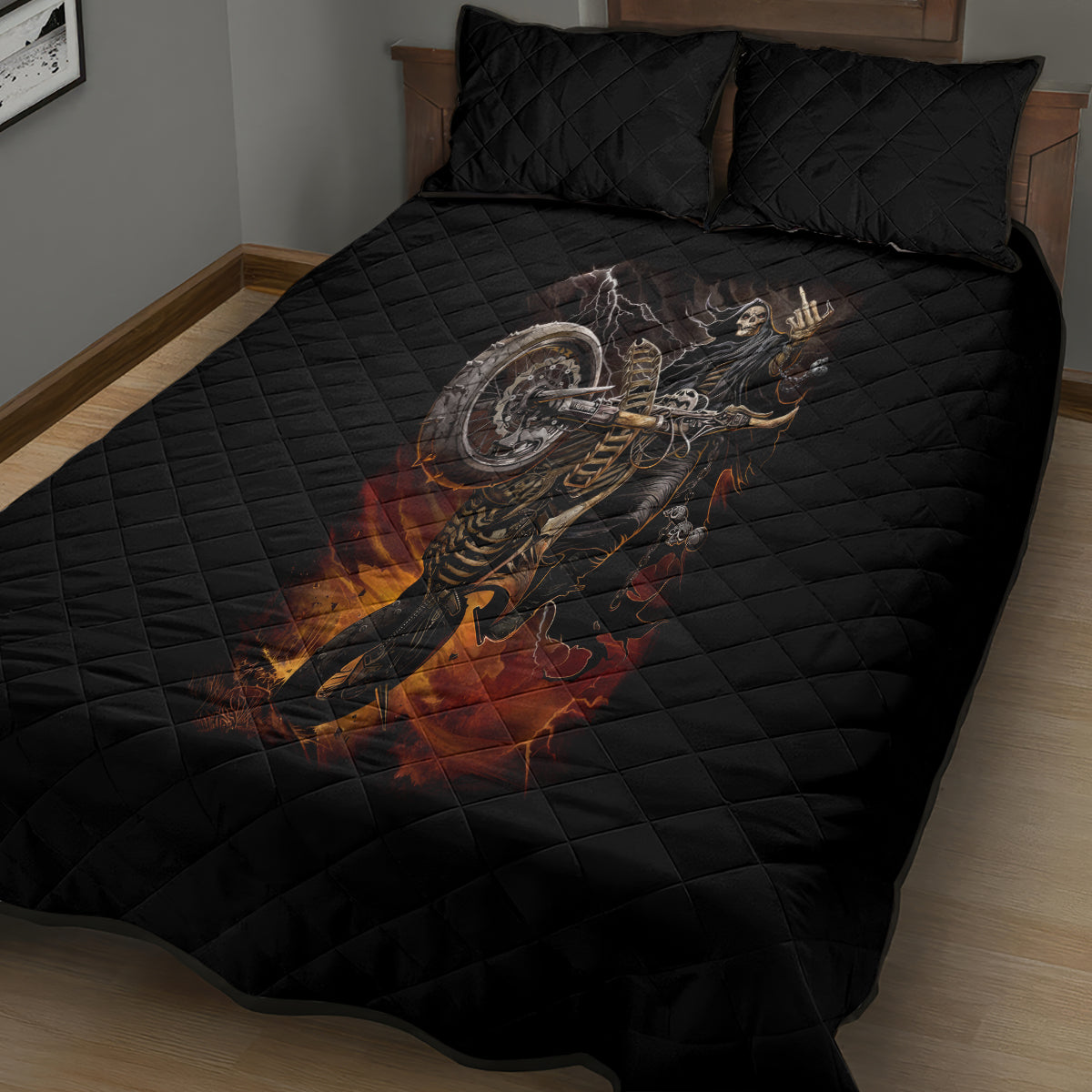 Flaming Skull Quilt Bed Set Death Angel Riding Motocycle - Wonder Print Shop