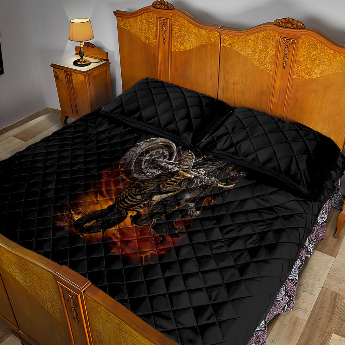 Flaming Skull Quilt Bed Set Death Angel Riding Motocycle - Wonder Print Shop