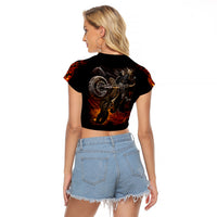 Flaming Skull Raglan Cropped T Shirt Death Angel Riding Motocycle - Wonder Print Shop