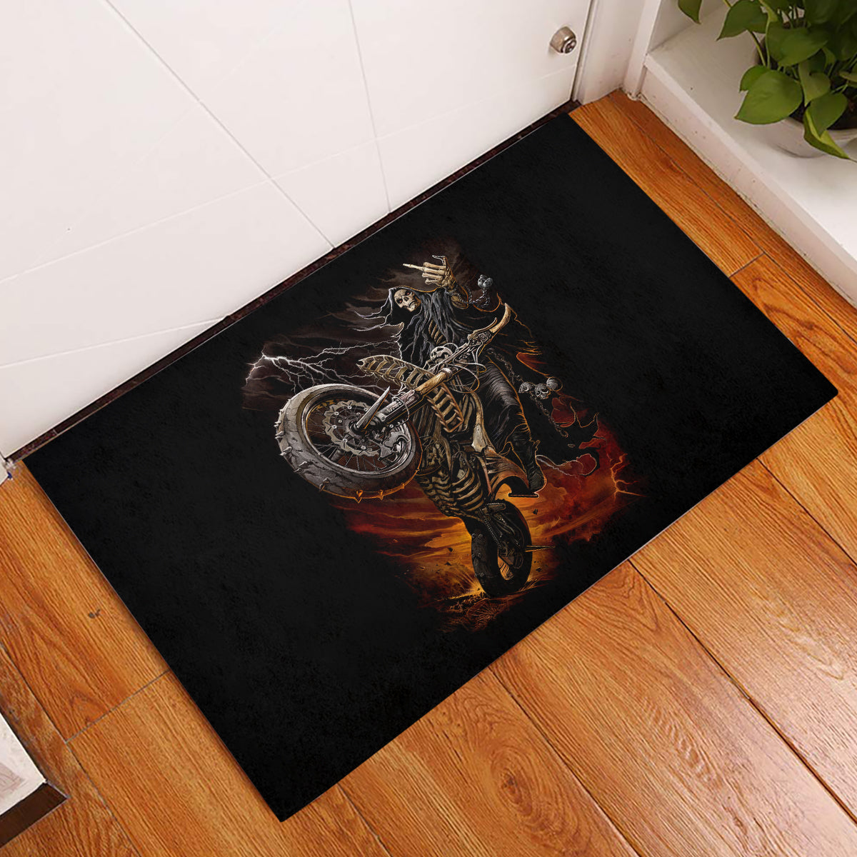 Flaming Skull Rubber Doormat Death Angel Riding Motocycle - Wonder Print Shop