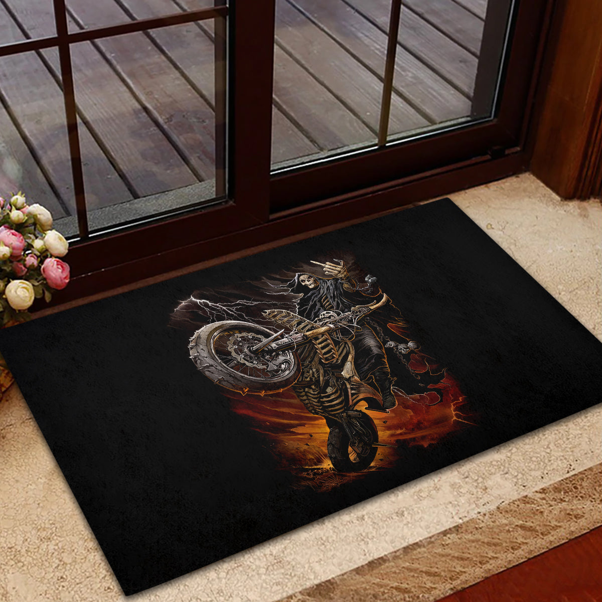 Flaming Skull Rubber Doormat Death Angel Riding Motocycle - Wonder Print Shop