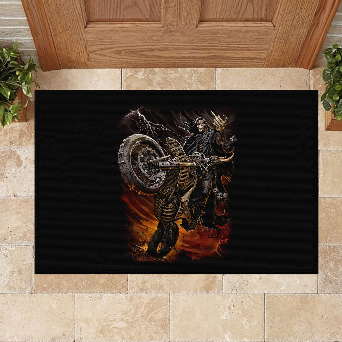 Flaming Skull Rubber Doormat Death Angel Riding Motocycle - Wonder Print Shop