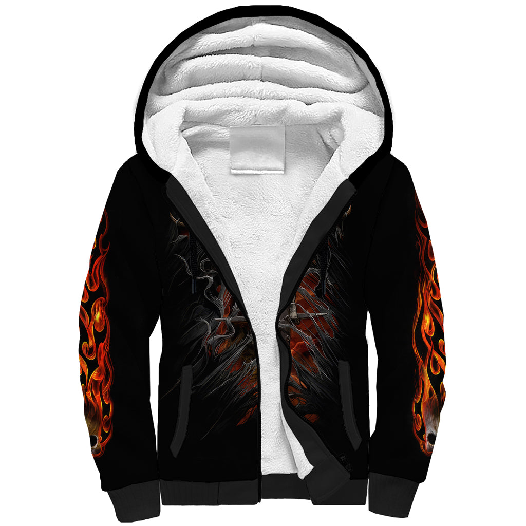 Flaming Skull Sherpa Hoodie Death Angel Riding Motocycle - Wonder Print Shop