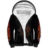 Black sherpa-lined hoodie with flame sleeve graphics and front zip