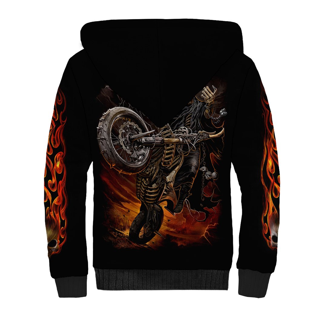 Black sherpa hoodie with rider skeleton graphic and flame sleeve stripes