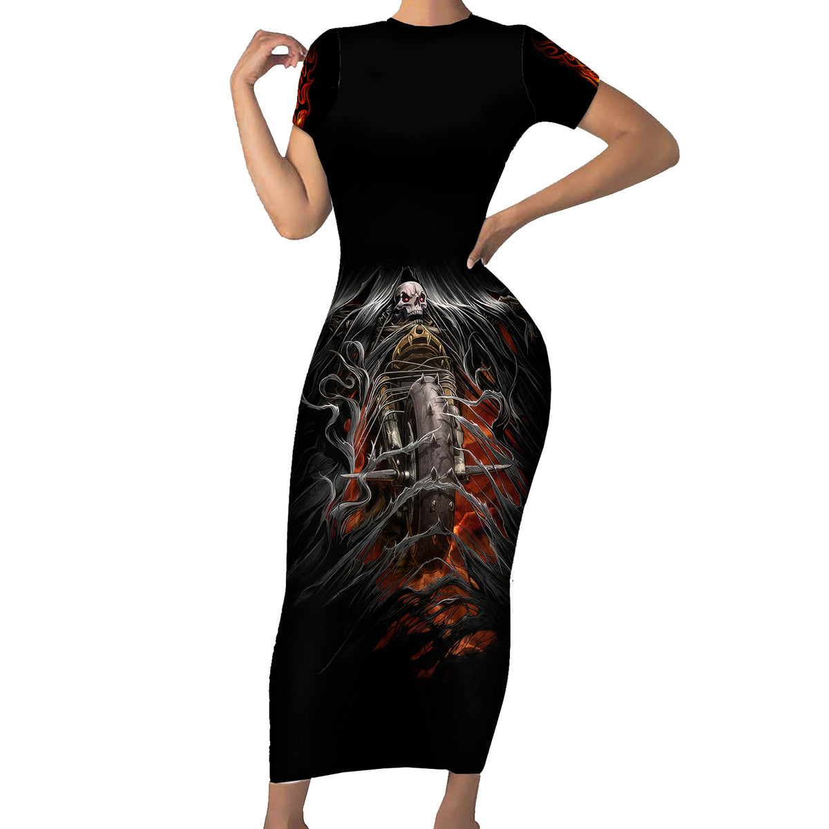 Flaming Skull Short Sleeve Bodycon Dress Death Angel Riding Motocycle - Wonder Print Shop