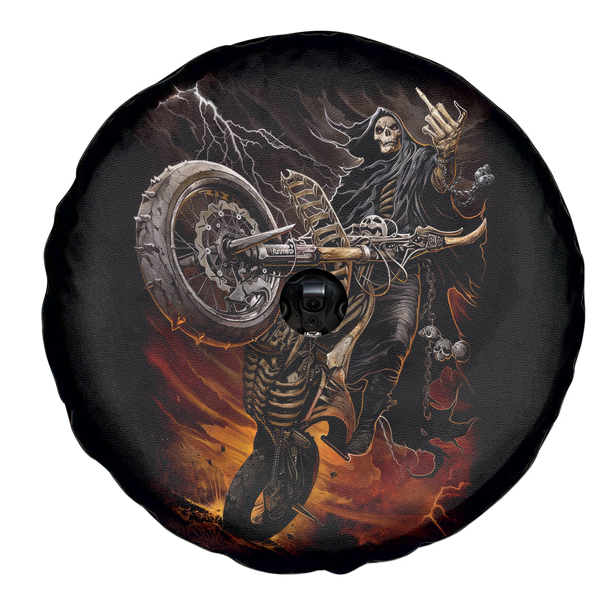 Flaming Skull Spare Tire Cover Death Angel Riding Motocycle - Wonder Print Shop