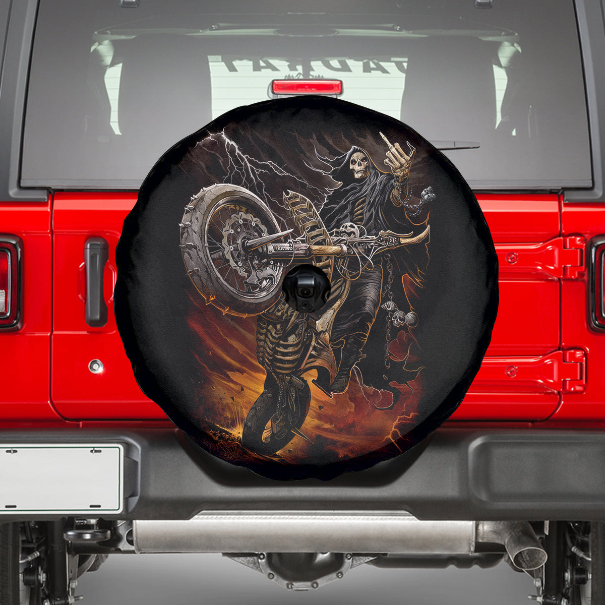 Flaming Skull Spare Tire Cover Death Angel Riding Motocycle - Wonder Print Shop