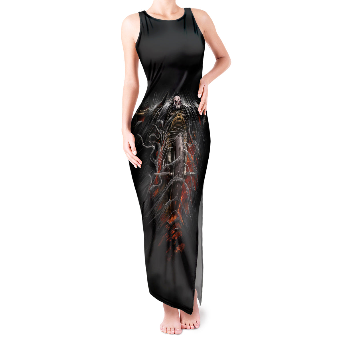 Flaming Skull Tank Maxi Dress Death Angel Riding Motocycle - Wonder Print Shop