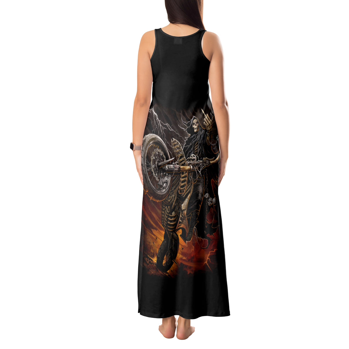 Flaming Skull Tank Maxi Dress Death Angel Riding Motocycle - Wonder Print Shop