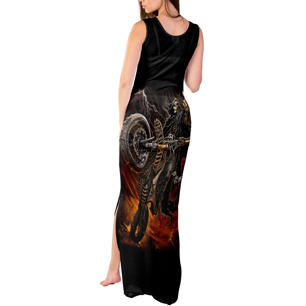 Flaming Skull Tank Maxi Dress Death Angel Riding Motocycle - Wonder Print Shop