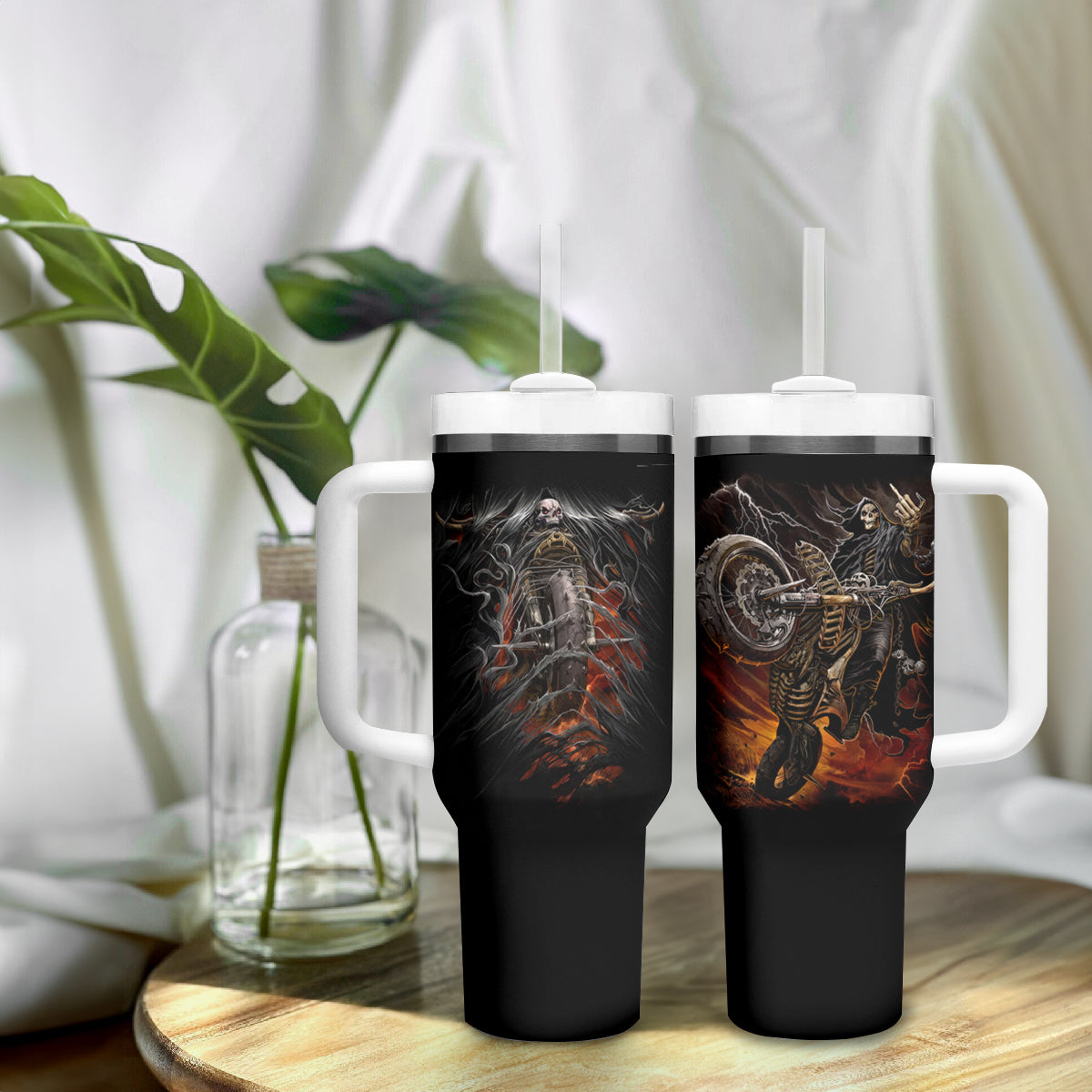 Flaming Skull Tumbler With Handle Death Angel Riding Motocycle - Wonder Print Shop