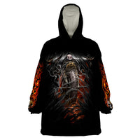 Black wearable blanket hoodie with skull rider graphic and flame-print sleeves