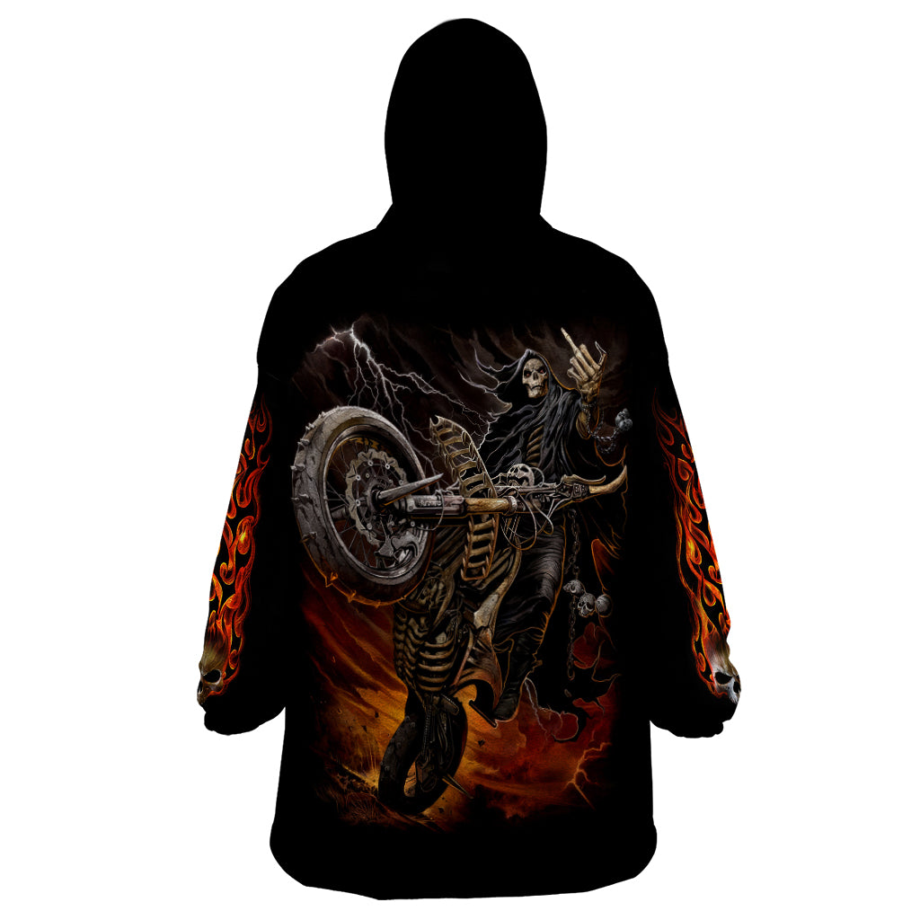 Black wearable blanket hoodie with skeleton rider on motorcycle full-back graphic