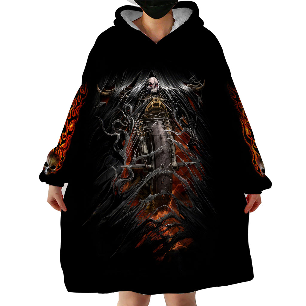 Black wearable blanket hoodie with large front skull rider print and wide hood opening