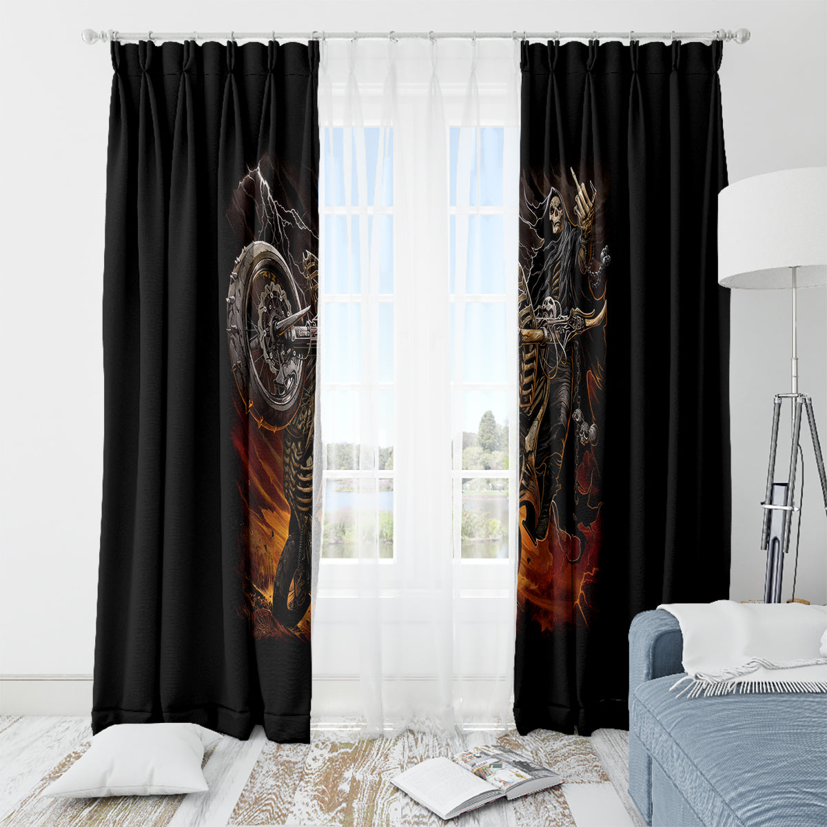 Flaming Skull Window Curtain Death Angel Riding Motocycle - Wonder Print Shop