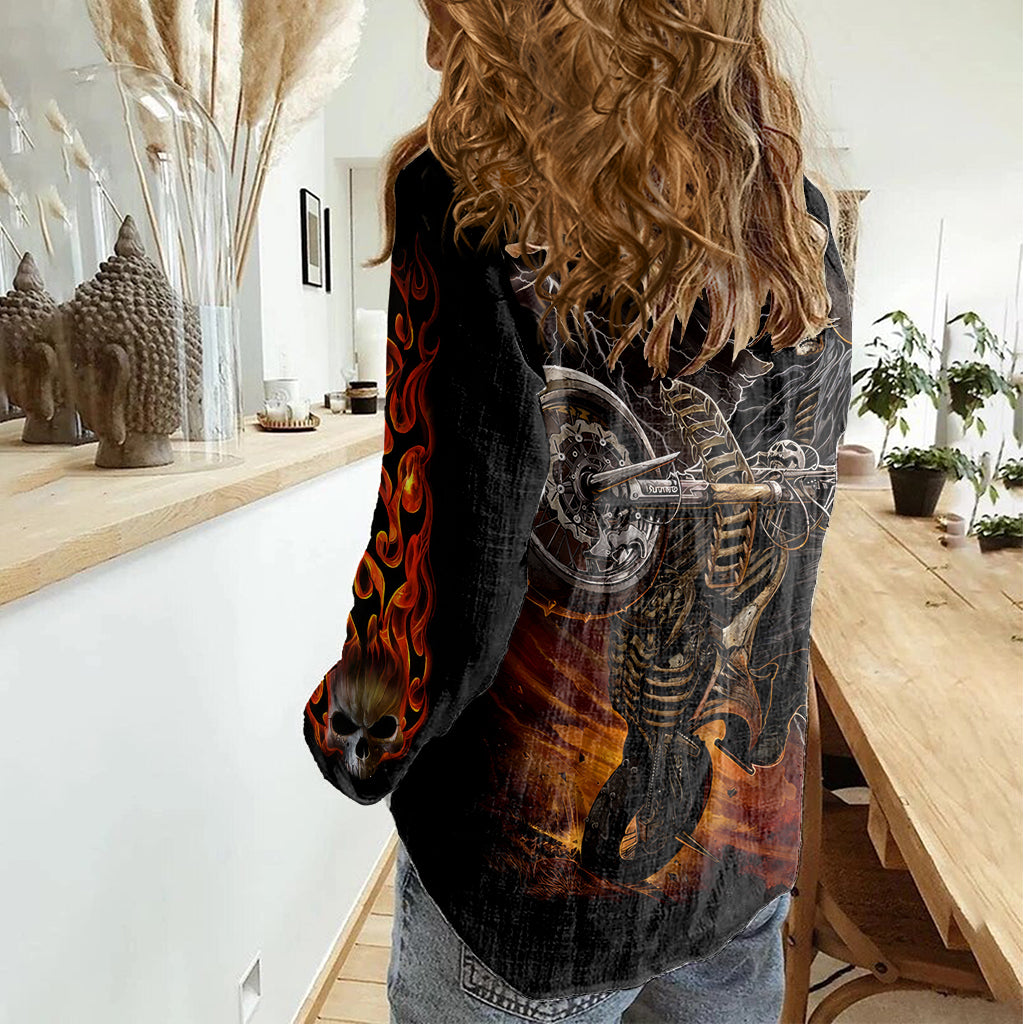 Flaming Skull Women Casual Shirt Death Angel Riding Motocycle - Wonder Print Shop