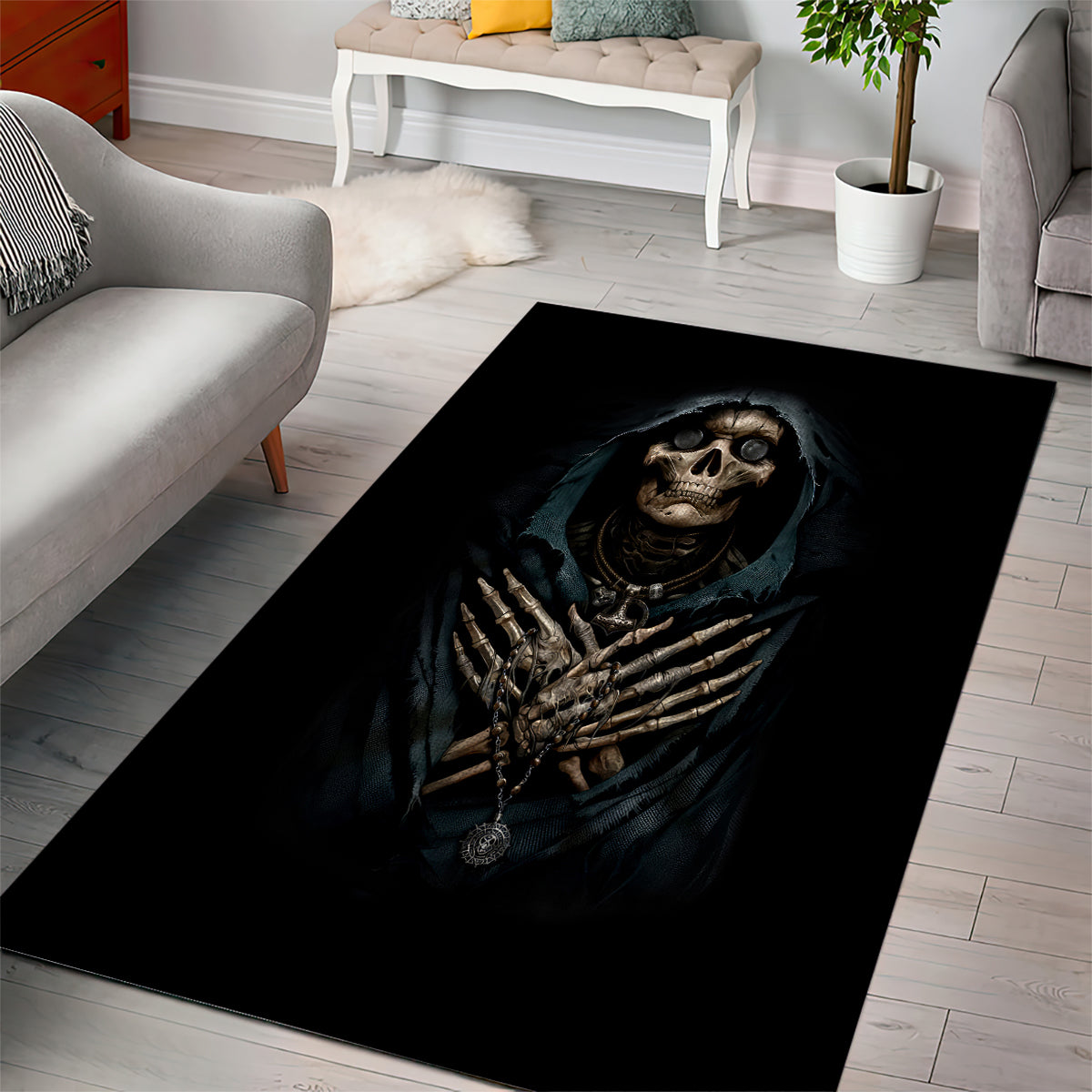 Grim Reaper Area Rug The Ferryman Of The Underworld with Charon Skull Black - Wonder Print Shop
