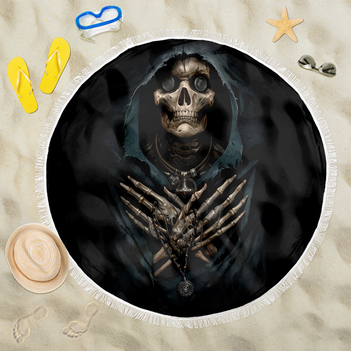 Grim Reaper Beach Blanket The Ferryman Of The Underworld with Charon Skull Black - Wonder Print Shop