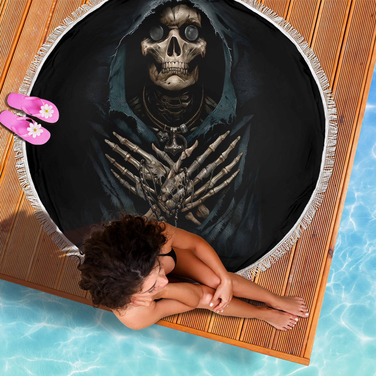Grim Reaper Beach Blanket The Ferryman Of The Underworld with Charon Skull Black - Wonder Print Shop