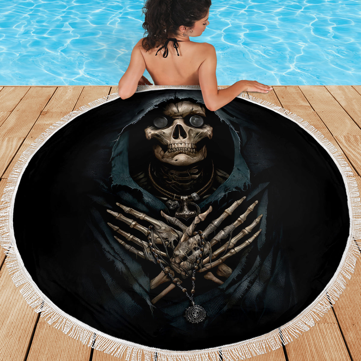 Grim Reaper Beach Blanket The Ferryman Of The Underworld with Charon Skull Black - Wonder Print Shop