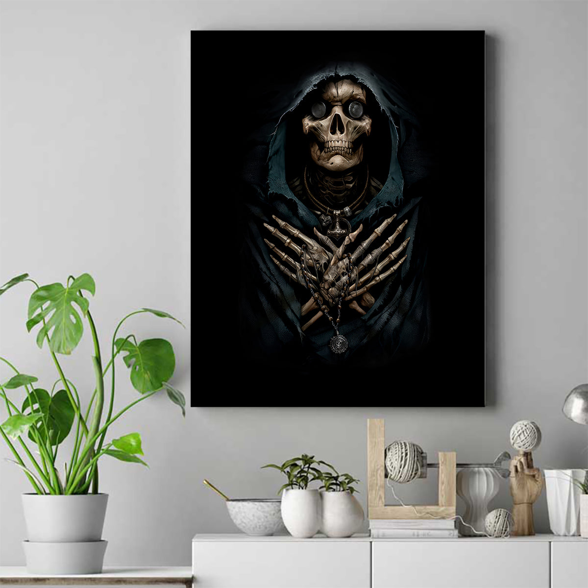 Grim Reaper Canvas Wall Art The Ferryman Of The Underworld with Charon Skull Black - Wonder Print Shop