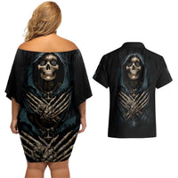 Grim Reaper Couples Matching Off Shoulder Short Dress and Hawaiian Shirt The Ferryman Of The Underworld with Charon Skull Black - Wonder Print Shop