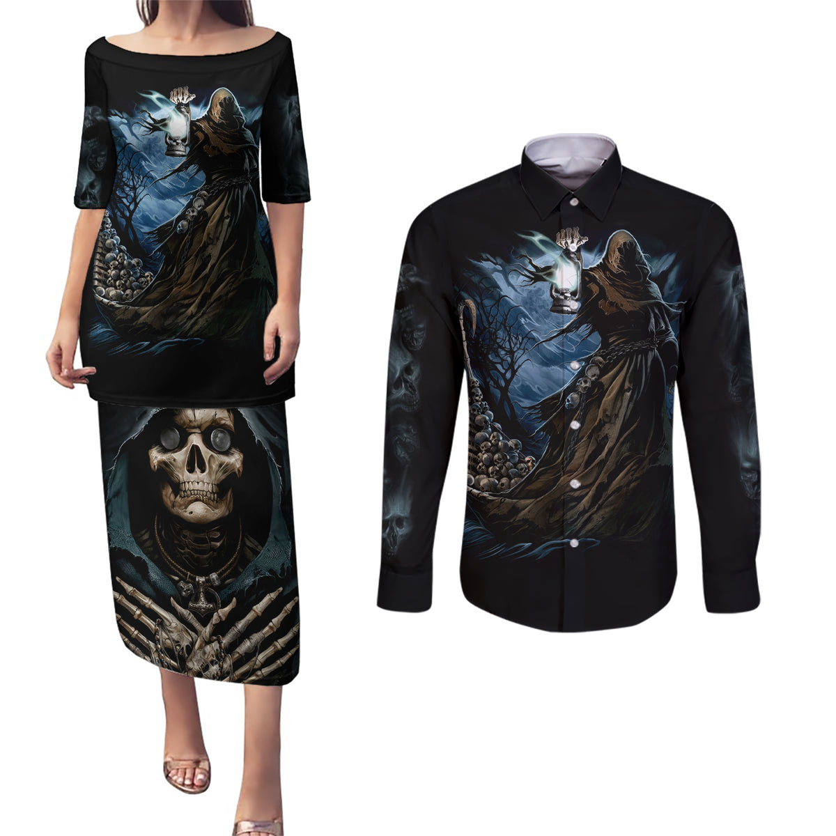 Grim Reaper Couples Matching Puletasi Dress and Long Sleeve Button Shirts The Ferryman Of The Underworld with Charon Skull Black - Wonder Print Shop