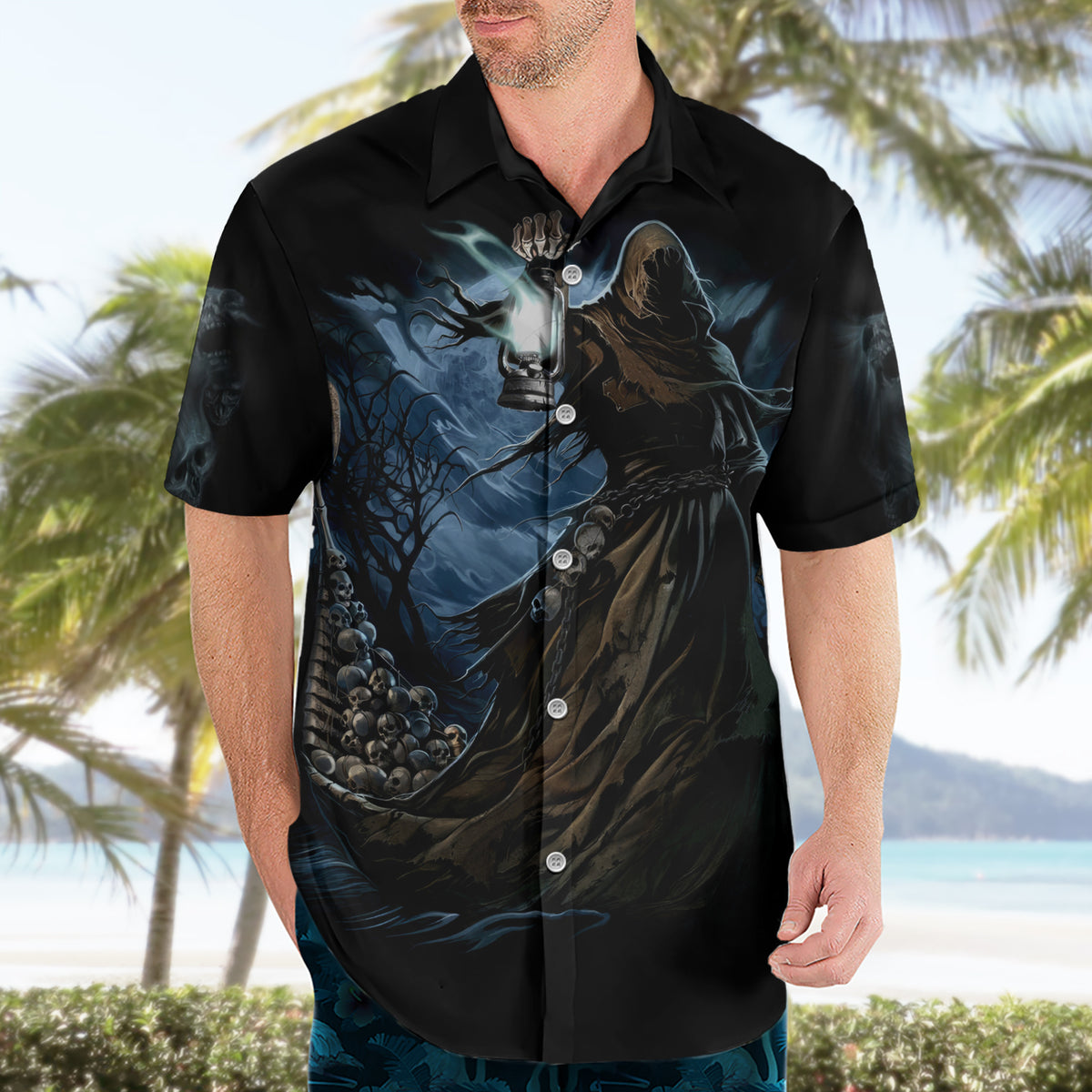 Grim Reaper Hawaiian Shirt The Ferryman Of The Underworld with Charon Skull Black - Wonder Print Shop