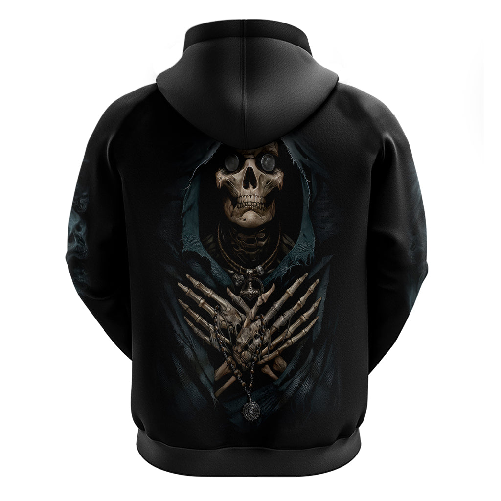 Black hoodie back view with large skull graphic and skeletal figure, hood