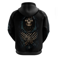 Black hoodie back view with large skull graphic and skeletal figure, hood