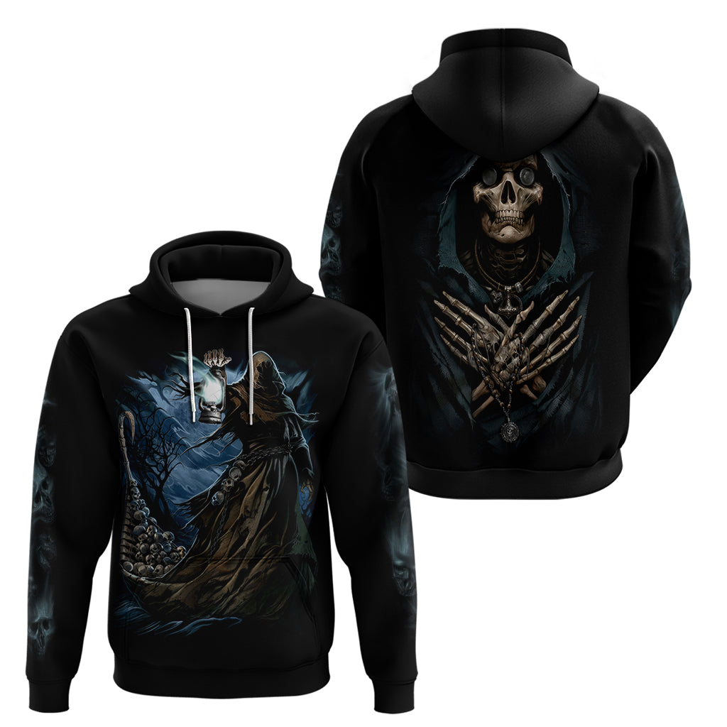 Two black hoodies, one front and one back, featuring grim reaper skull artwork