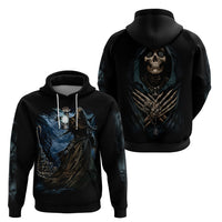 Two black hoodies, one front and one back, featuring grim reaper skull artwork