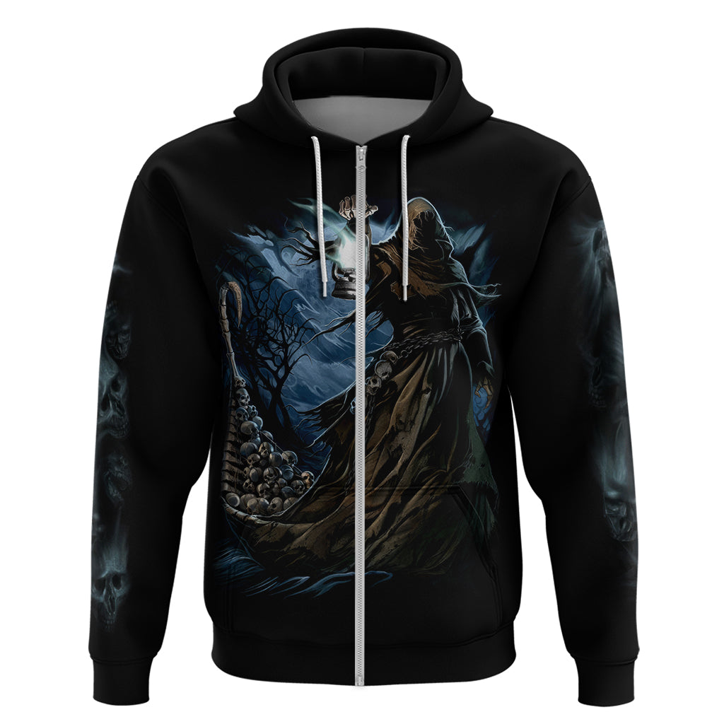 Black zip hoodie front with grim reaper and skull graphic, hood and white drawstrings