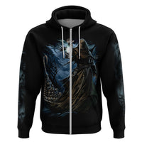 Black zip hoodie front with grim reaper and skull graphic, hood and white drawstrings