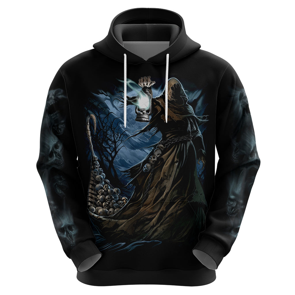 Black pullover hoodie front with blue grim reaper scene and skull, hood with white drawstrings