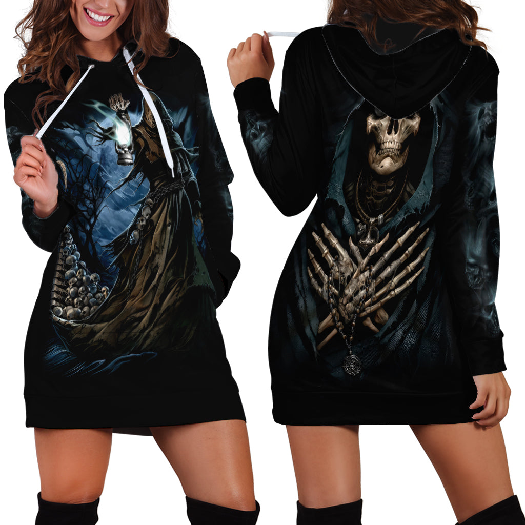Grim Reaper Hoodie Dress The Ferryman Of The Underworld with Charon Skull Black - Wonder Print Shop