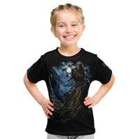 Kids black t-shirt with blue grim reaper skull graphic, short sleeves