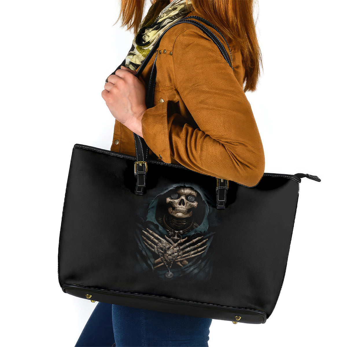 Grim Reaper Leather Tote Bag The Ferryman Of The Underworld with Charon Skull Black - Wonder Print Shop