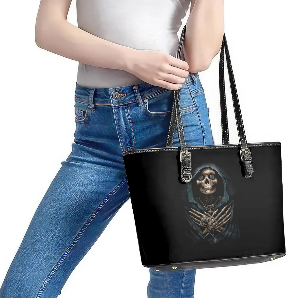 Grim Reaper Leather Tote Bag The Ferryman Of The Underworld with Charon Skull Black - Wonder Print Shop