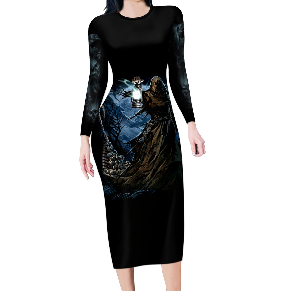 Grim Reaper Long Sleeve Bodycon Dress The Ferryman Of The Underworld with Charon Skull Black - Wonder Print Shop