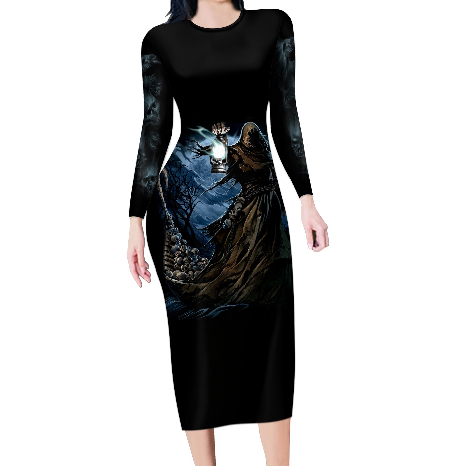 Grim Reaper Long Sleeve Bodycon Dress The Ferryman Of The Underworld with Charon Skull Black - Wonder Print Shop